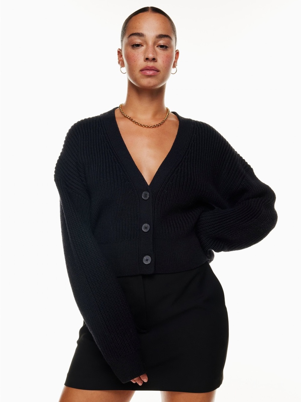 Aritzia Babaton Canberra Merino Wool Cropped Cardigan Sweater Black Chunky XS